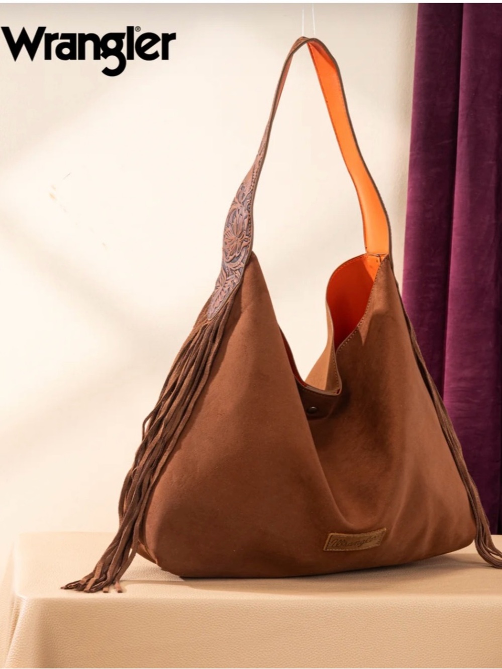 Wrangler Fringe Floral Tooled Hobo Bag - Brown-NWT